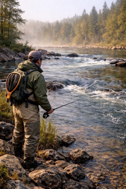 Angler standing beside a riverbank